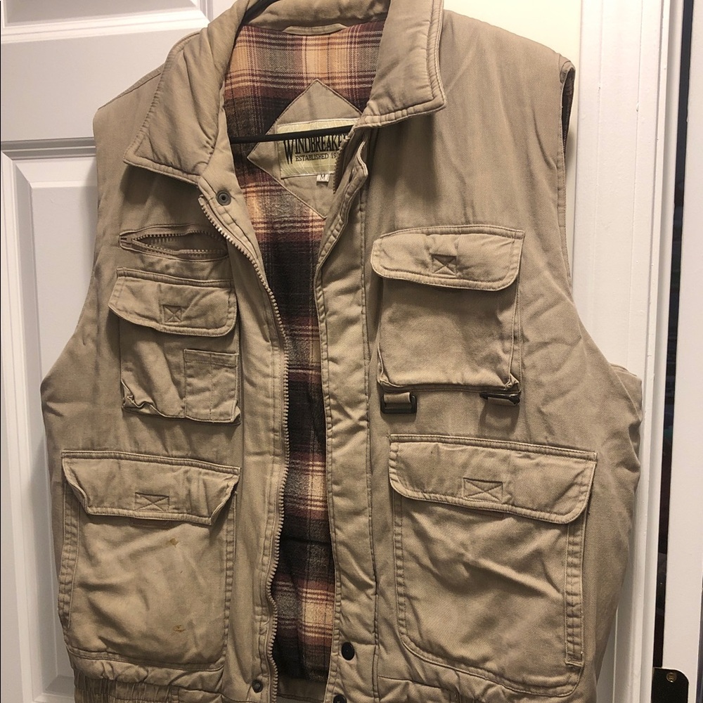 Mens Tan Utility Vest with Plaid Lining